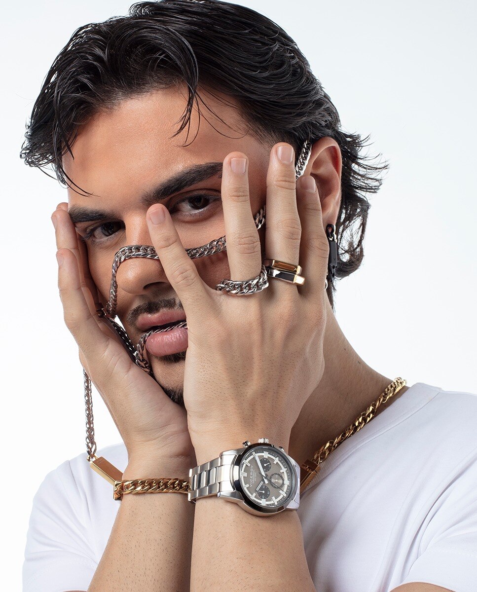 Colar Coleção Abraham Mateo de Aço com Corrente Ip Dourado Rosa-3