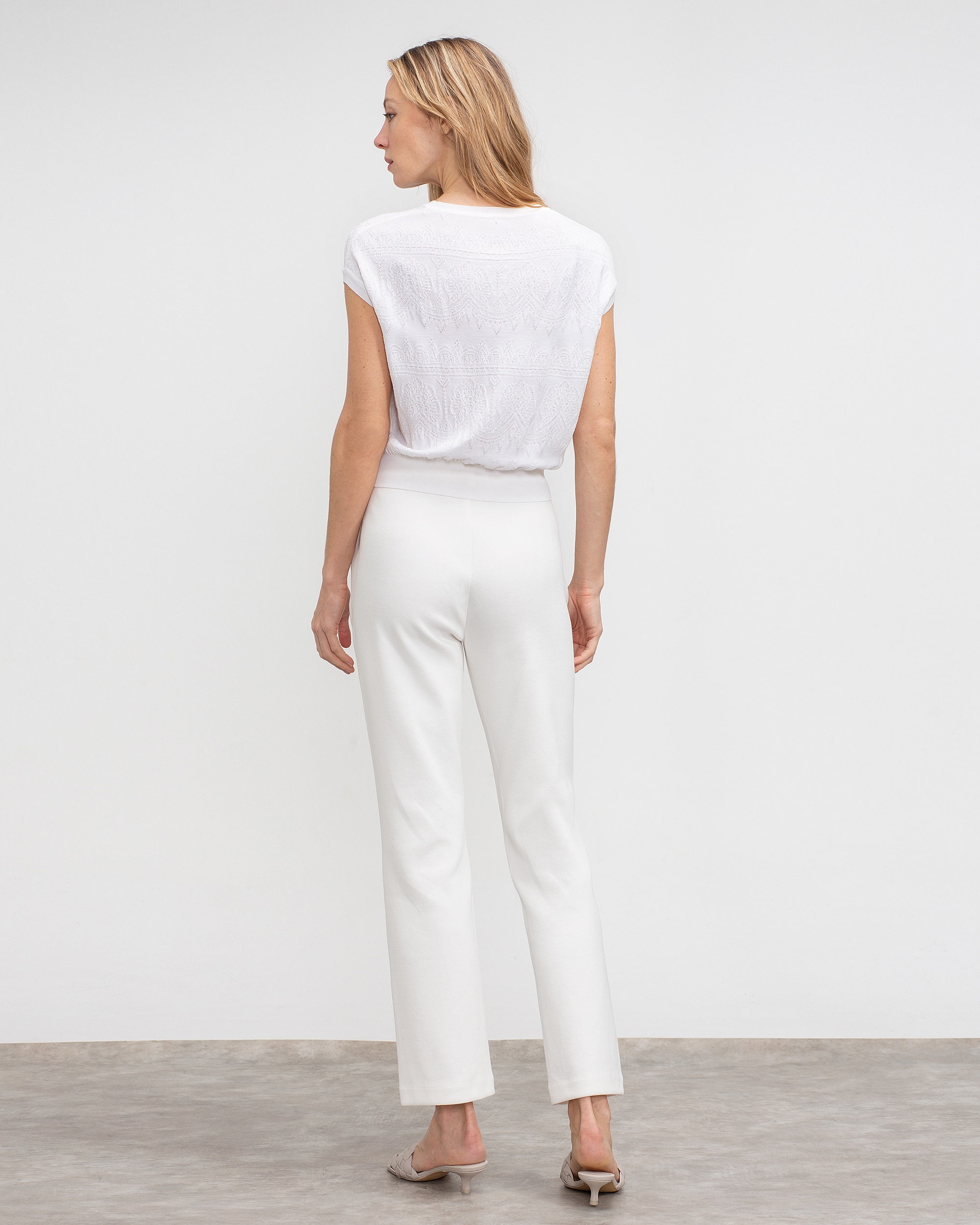 Calças Retas de Malha Pelo Tornozelo com Bolso Francês Branco-2