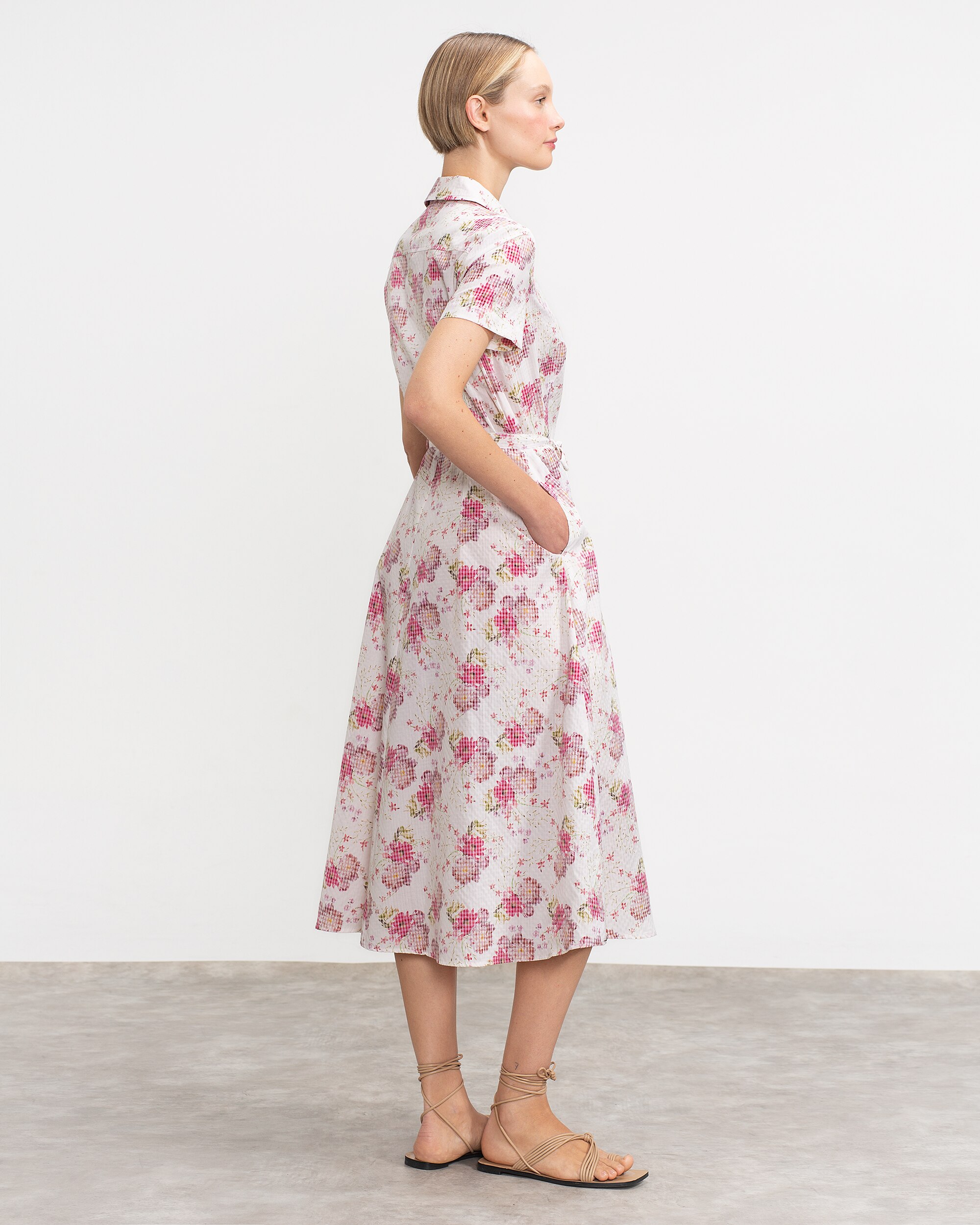 Vestido Midi de Manga Curta Branco / Rosa-2
