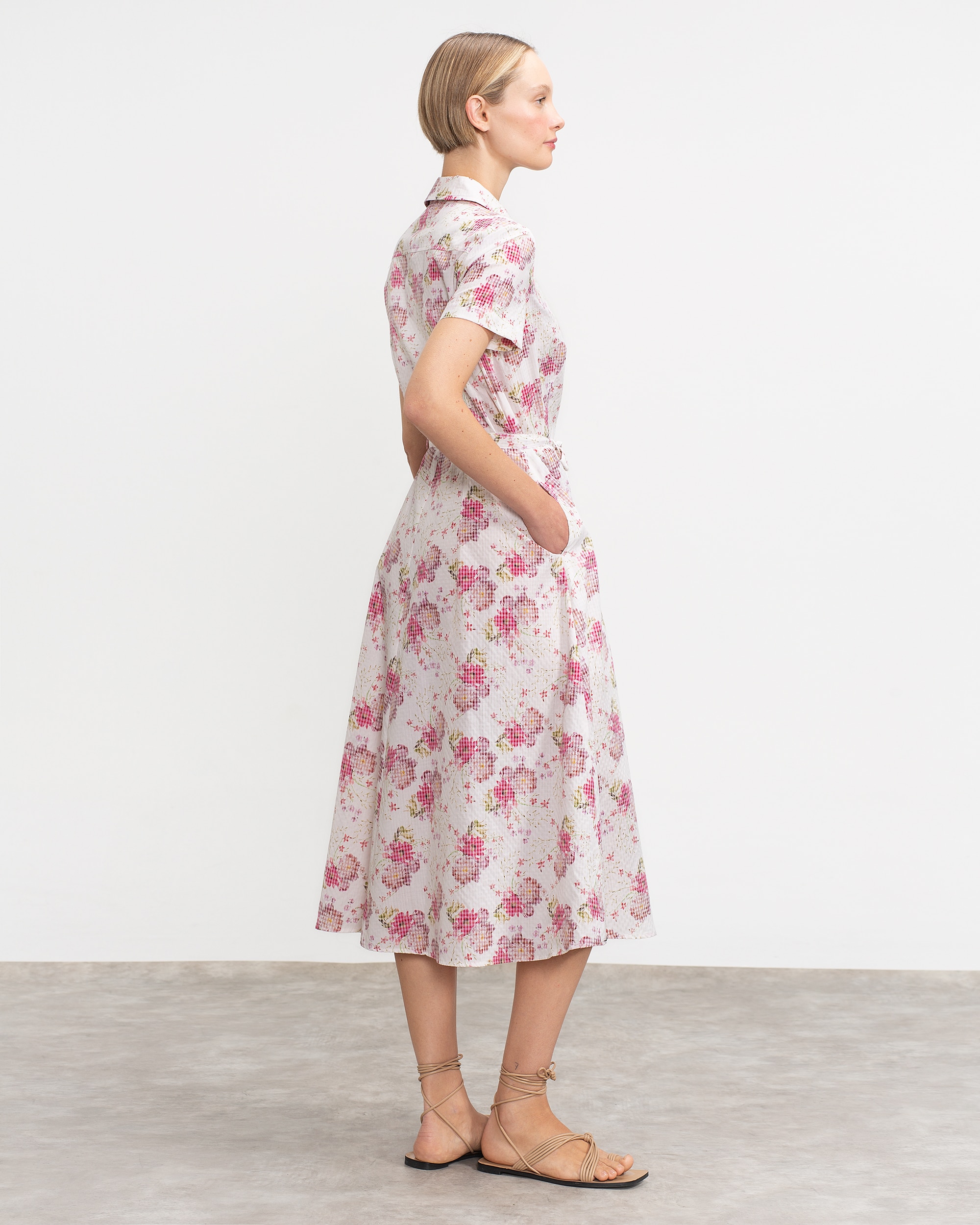 Vestido Midi de Manga Curta Branco / Rosa-2