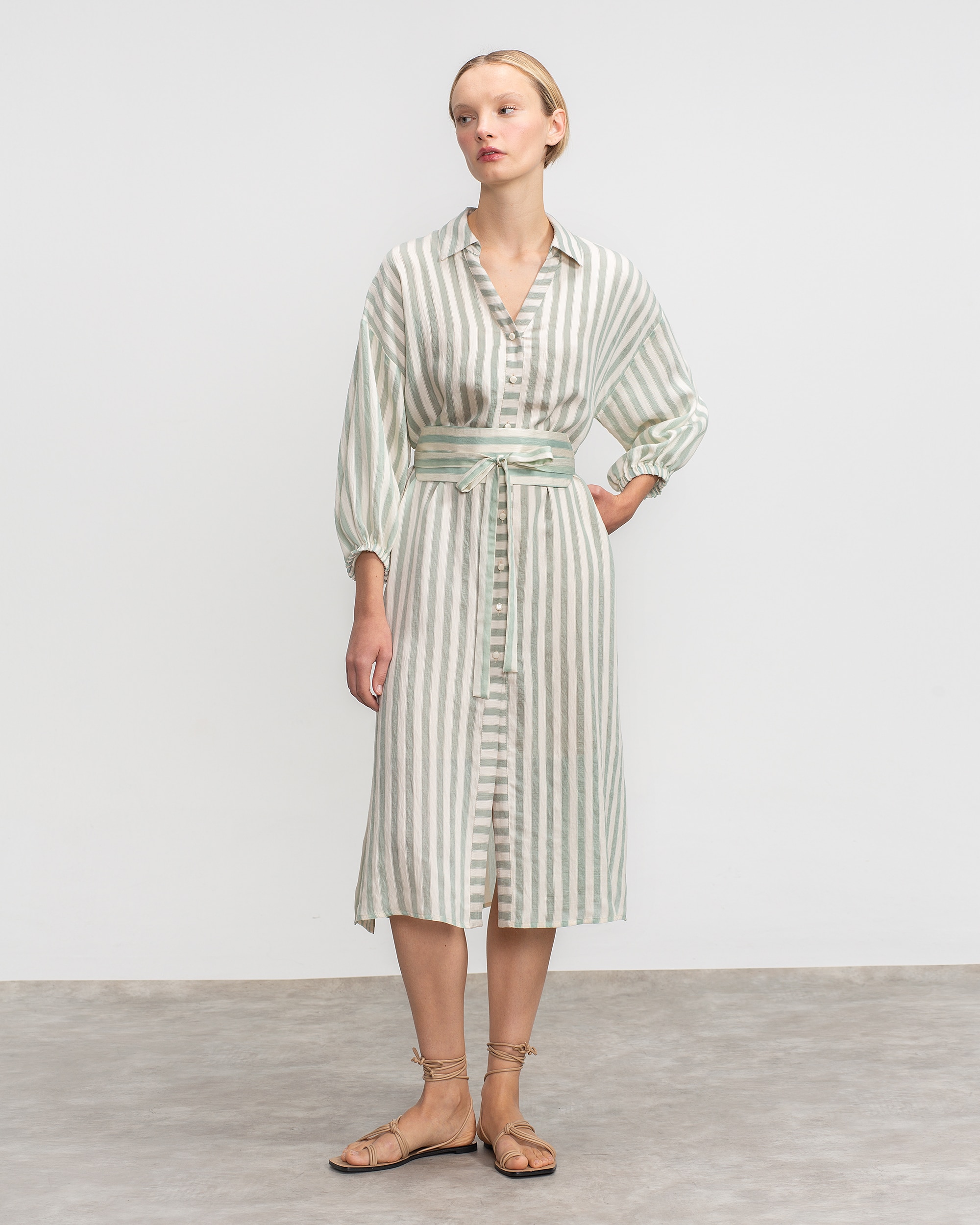 Vestido Midi com Gola Tipo Camisa e Cinto Branco-marfim-2