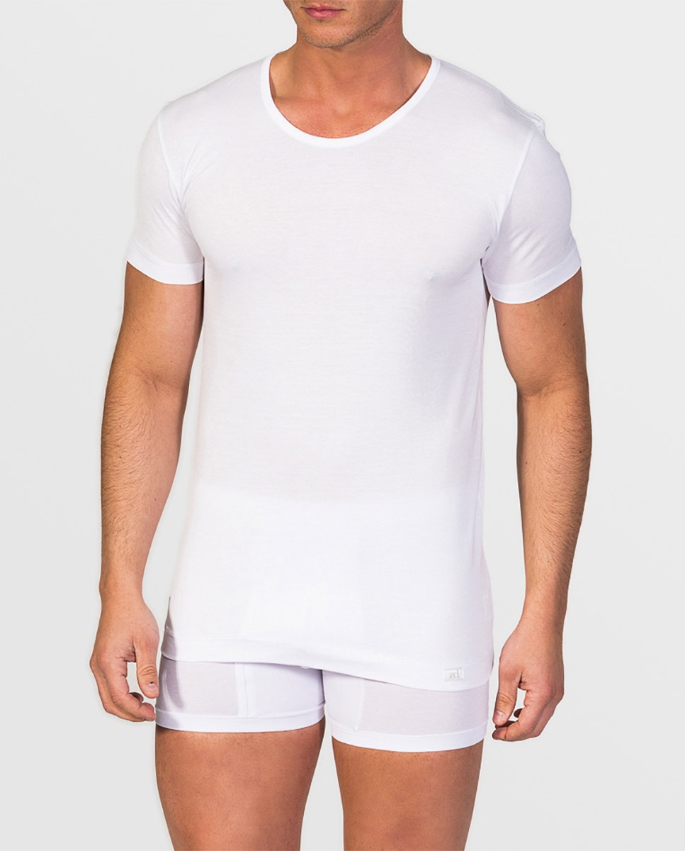 T-shirt Interior de Fio Da Escócia de Manga Curta e Gola Redonda Branco-1