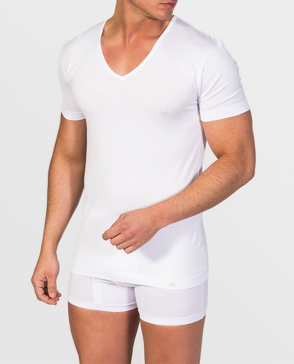 T-shirt Interior de Fio Da Escócia de Manga Curta e Gola em V Branco-1
