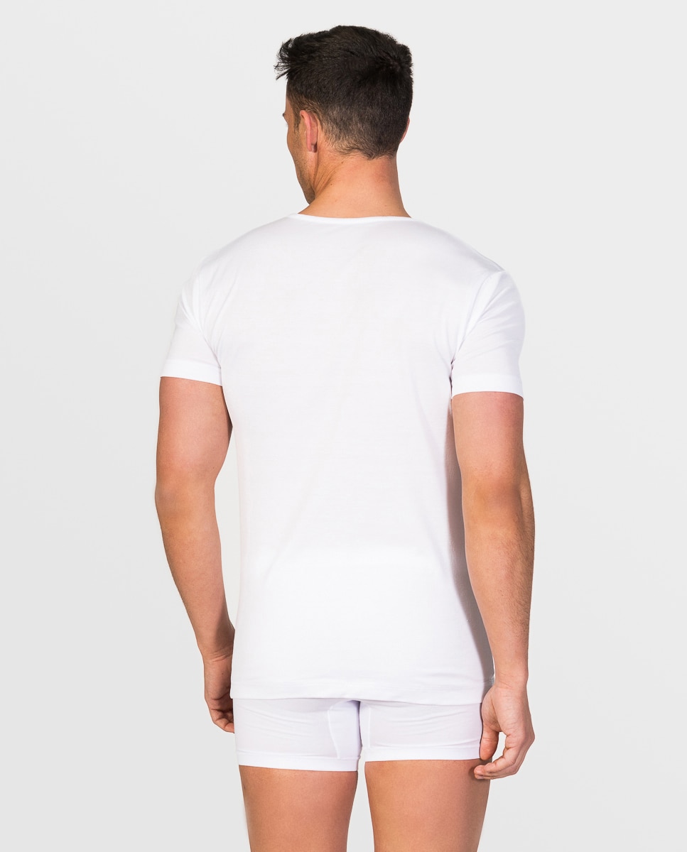 T-shirt Interior de Fio Da Escócia de Manga Curta e Gola em V Branco-2