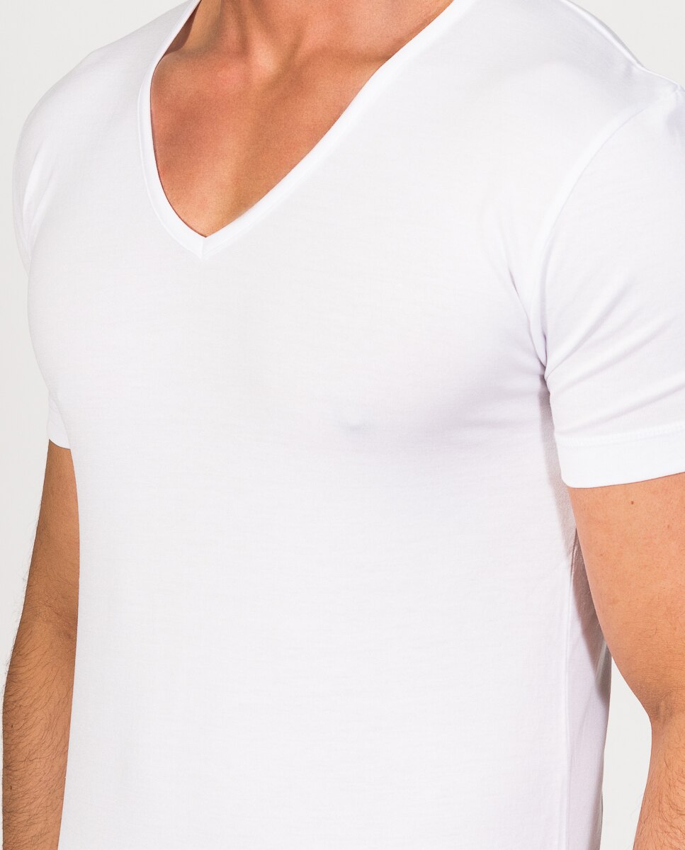 T-shirt Interior de Fio Da Escócia de Manga Curta e Gola em V Branco-3