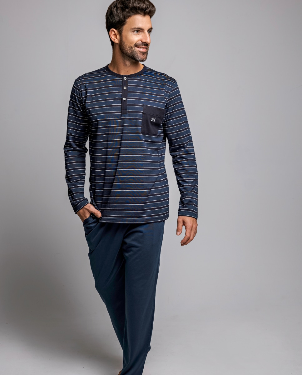 Pijama Comprido de Fio de Escócia com Estampado às Riscas Azul-marinho-1
