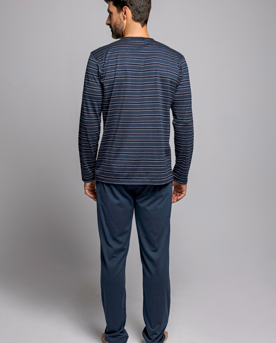 Pijama Comprido de Fio de Escócia com Estampado às Riscas Azul-marinho-2