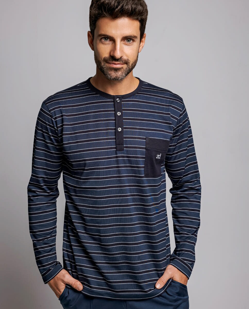 Pijama Comprido de Fio de Escócia com Estampado às Riscas Azul-marinho-3