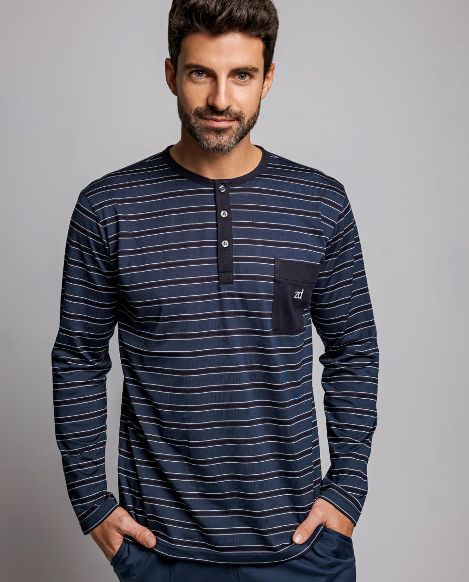 Pijama Comprido de Fio de Escócia com Estampado às Riscas Azul-marinho-3