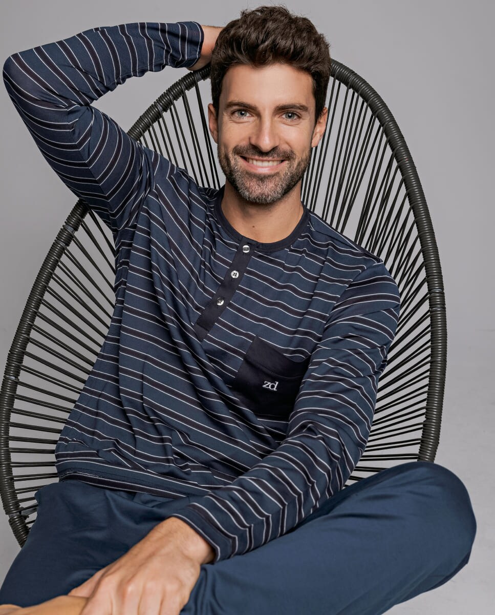 Pijama Comprido de Fio de Escócia com Estampado às Riscas Azul-marinho-4