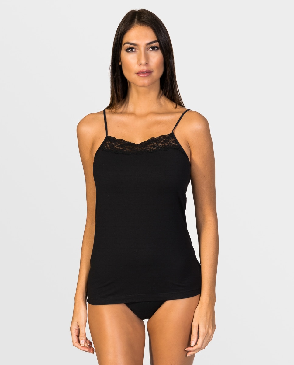 T-shirt Interior de Alças com Renda no Decote de Tecido Ecofriendly Preto-1