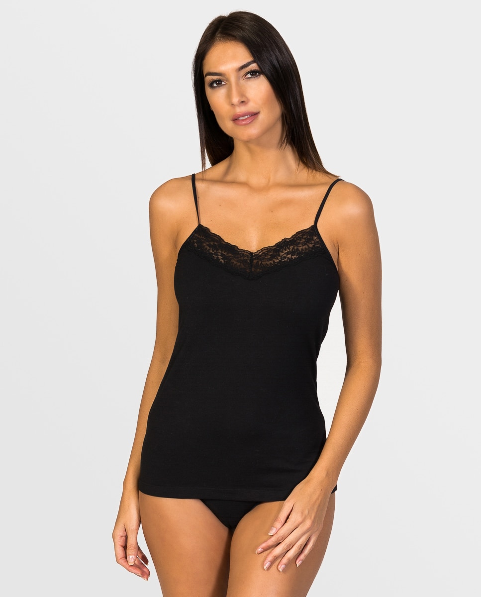T-shirt Interior de Alças com Renda em V de Tecido Ecofriendly Preto-1