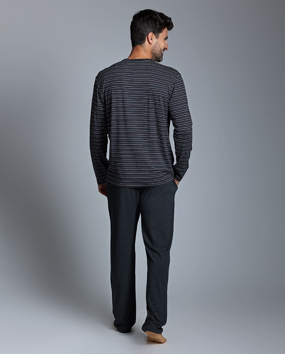 Pijama Comprido de Modal com Estampado Às Riscas Preto-2
