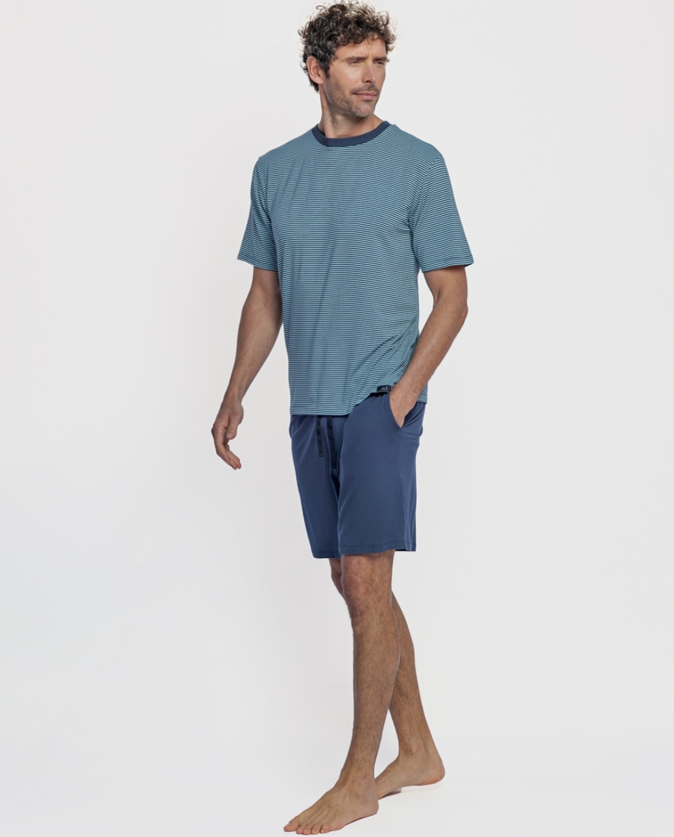 Pijama Curto de Modal com Estampado Às Riscas Azul-marinho-1
