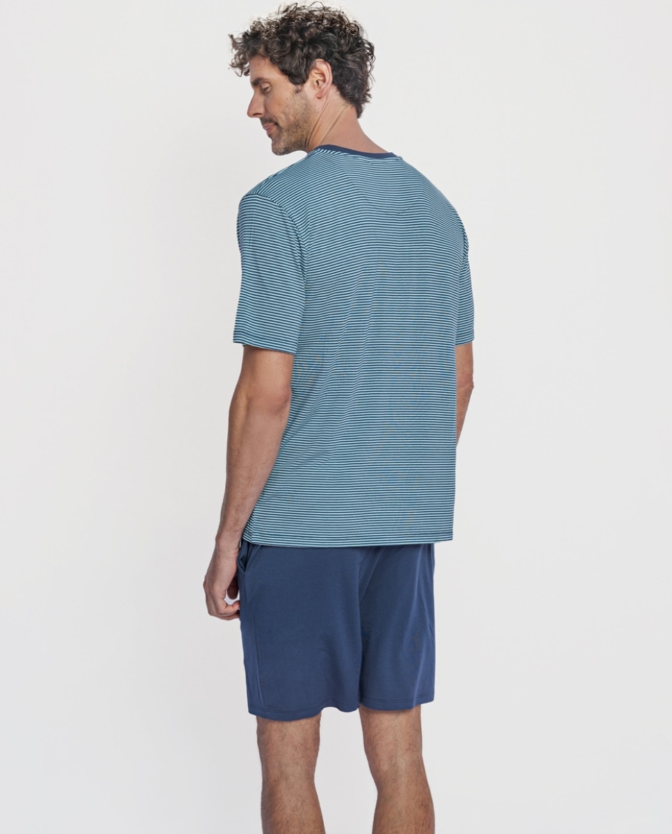 Pijama Curto de Modal com Estampado Às Riscas Azul-marinho-2