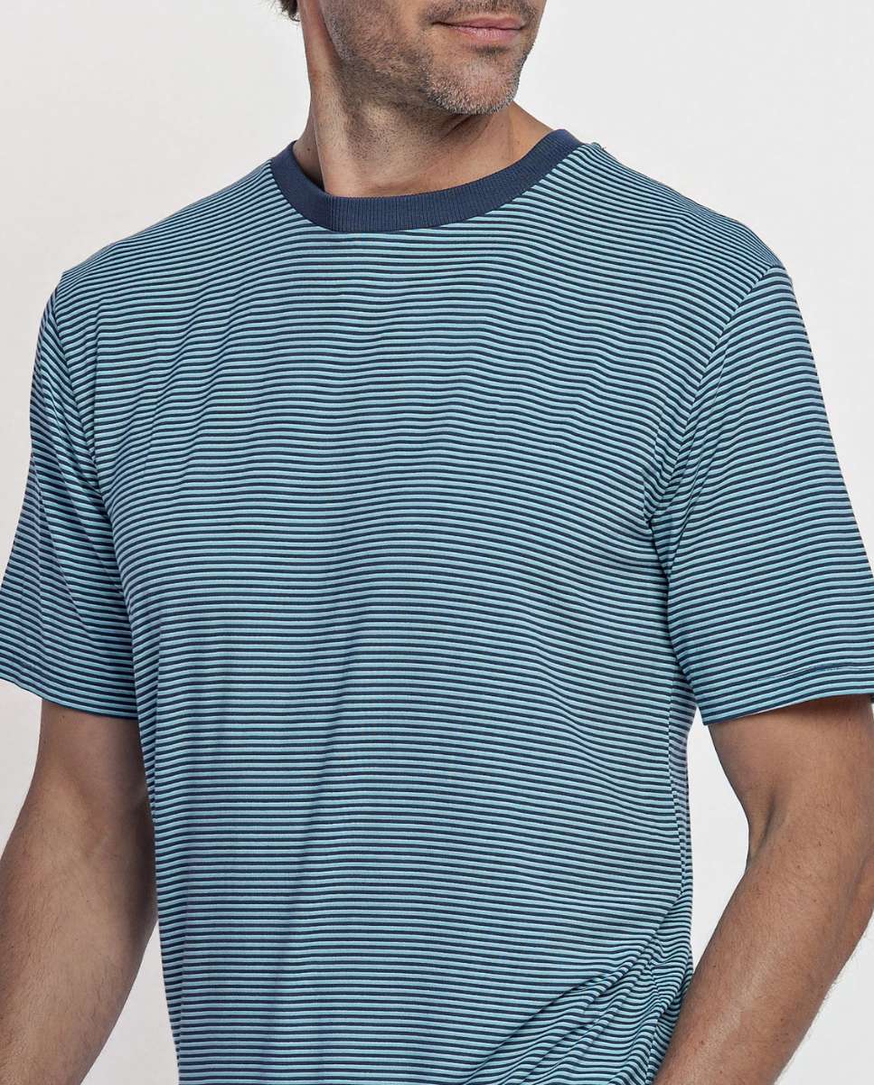 Pijama Curto de Modal com Estampado Às Riscas Azul-marinho-3