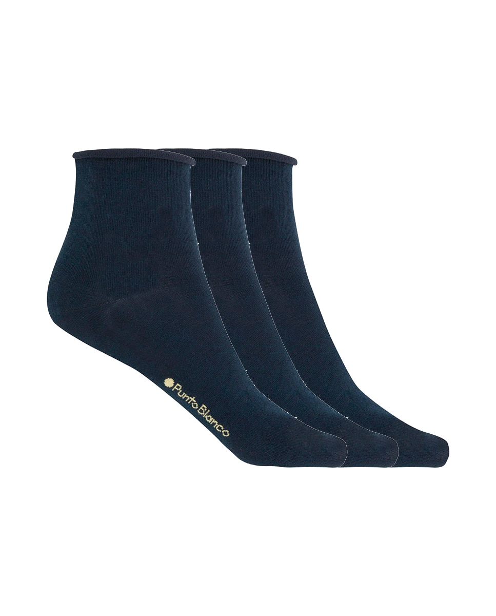 Pack de 3 Pares de Meias de Algodão Mercerizado Lisas com Punho Roulé Azul-marinho-1