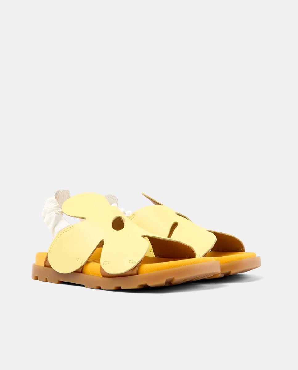 Sandálias Infantil em Pele com Flor Decorativa e Elástico Amarelo-2