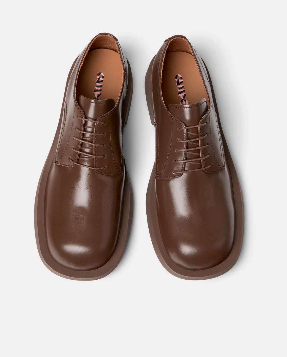 Sapatos de Cordões em Pele com Biqueira Quadrada Castanho-chocolate-2