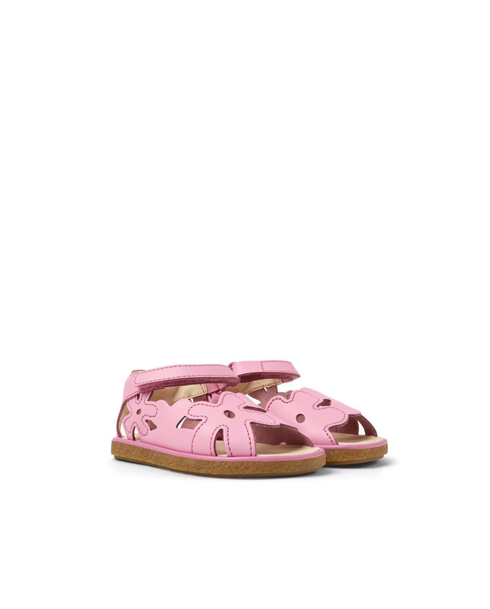 Sandálias Infantil em Pele com Design de Flor Camper Rosa-2