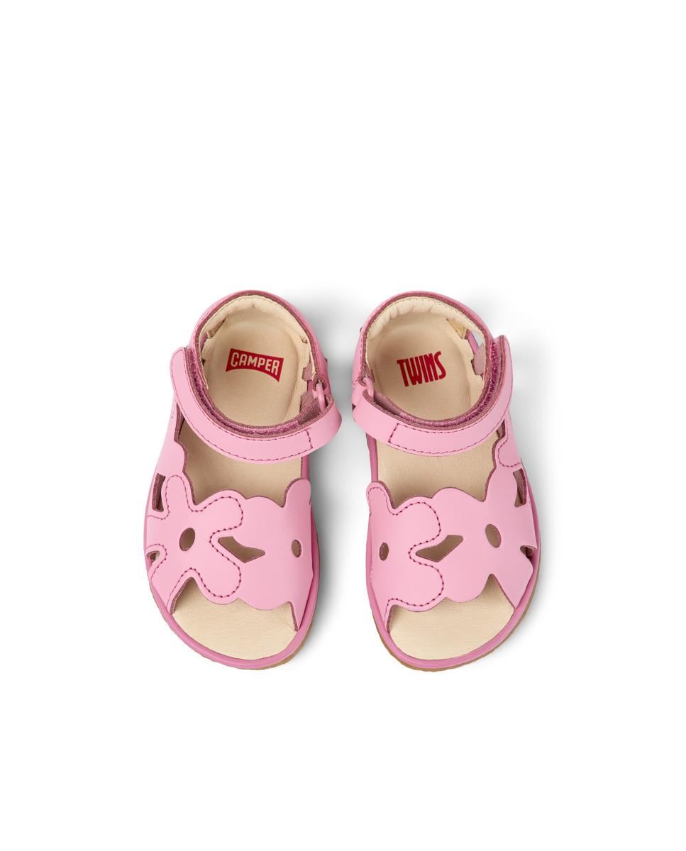 Sandálias Infantil em Pele com Design de Flor Camper Rosa-3