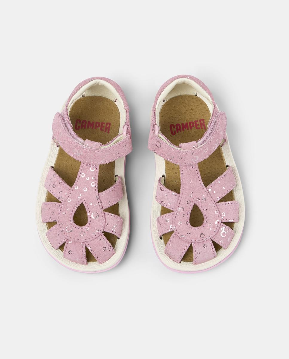 Sandálias Fechadas Infantil de Pele com Velcro Camper Rosa-3