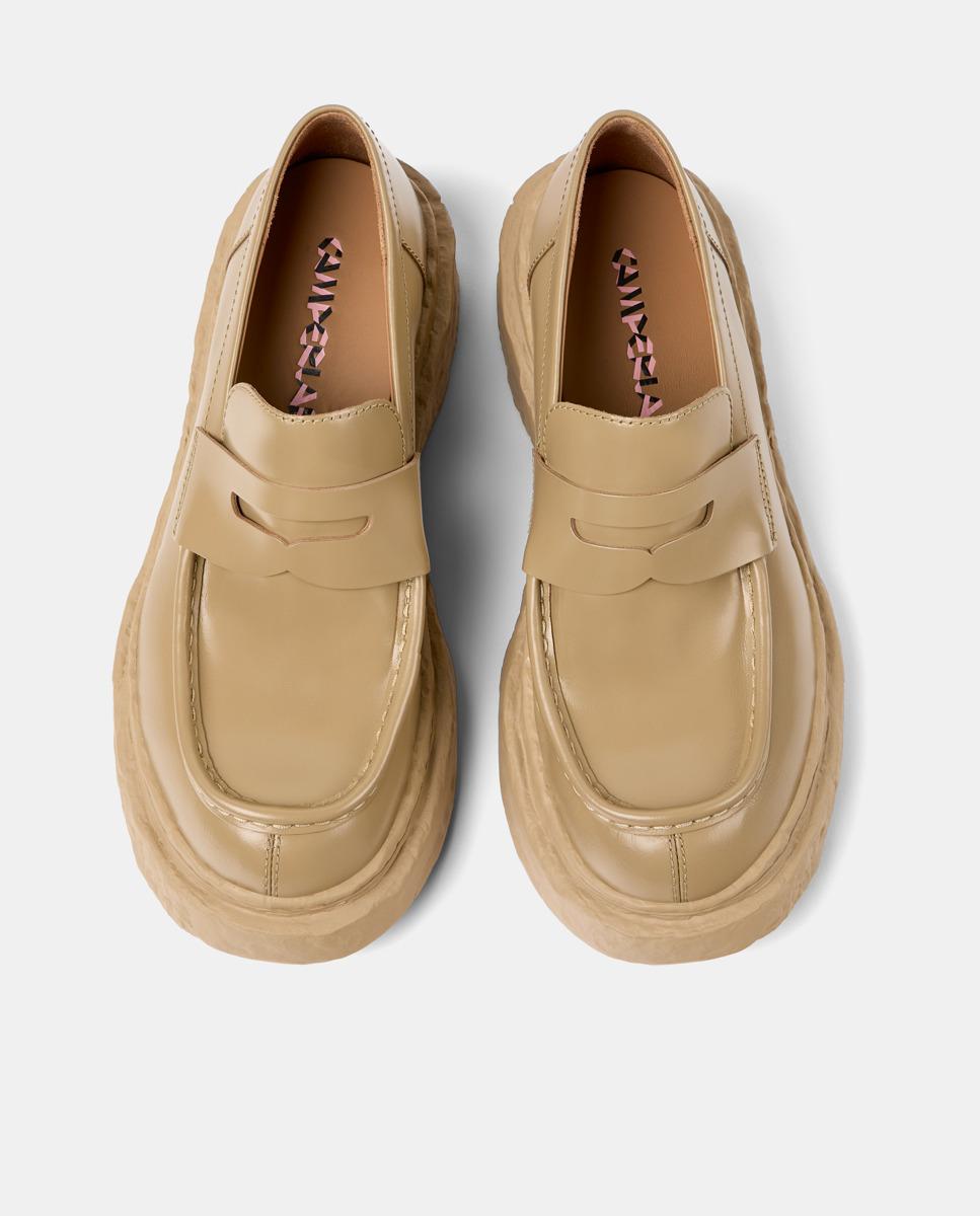 Mocassins de Pele com Biqueira Quadrada Mostarda-3