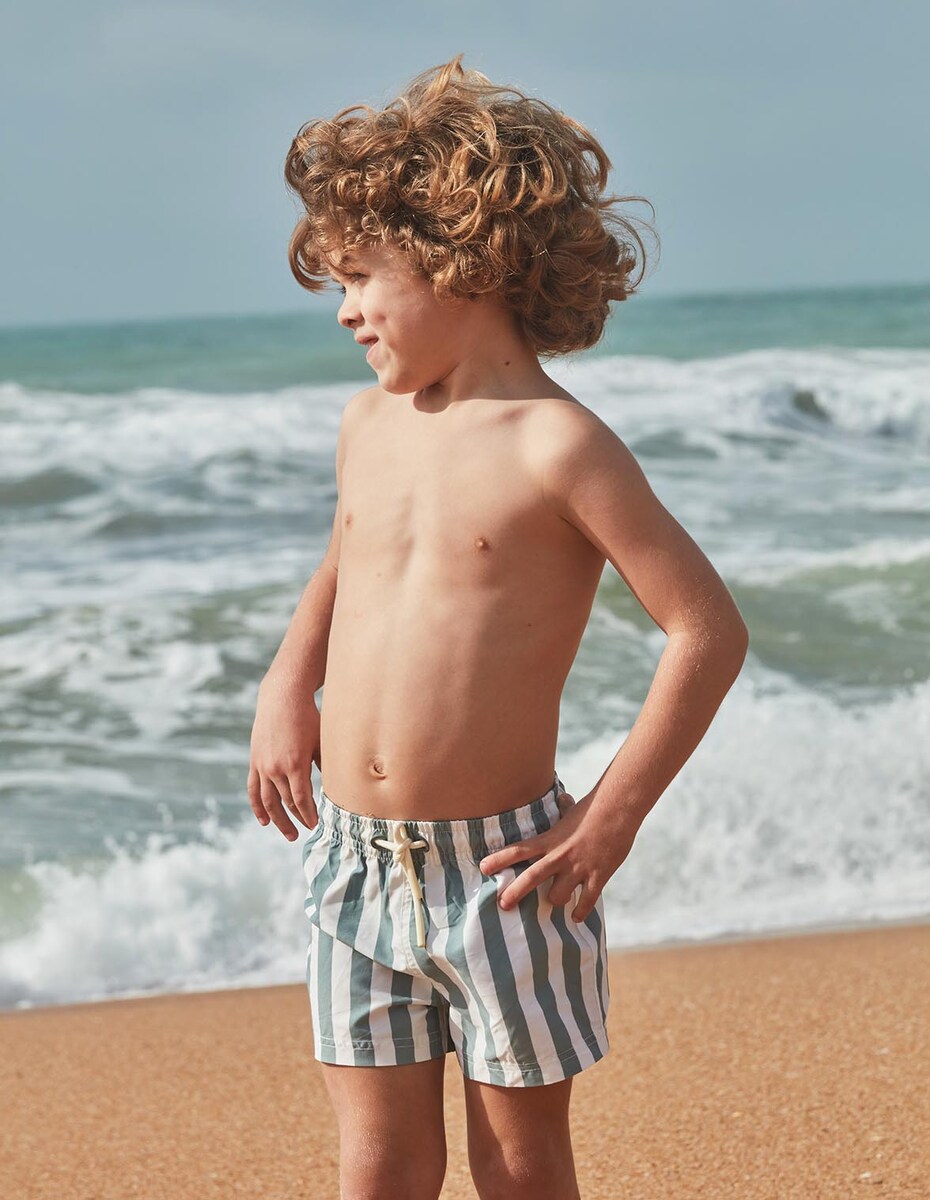 Fato de Banho Infantil às Riscas com Cordão de Ajuste Taupe-5