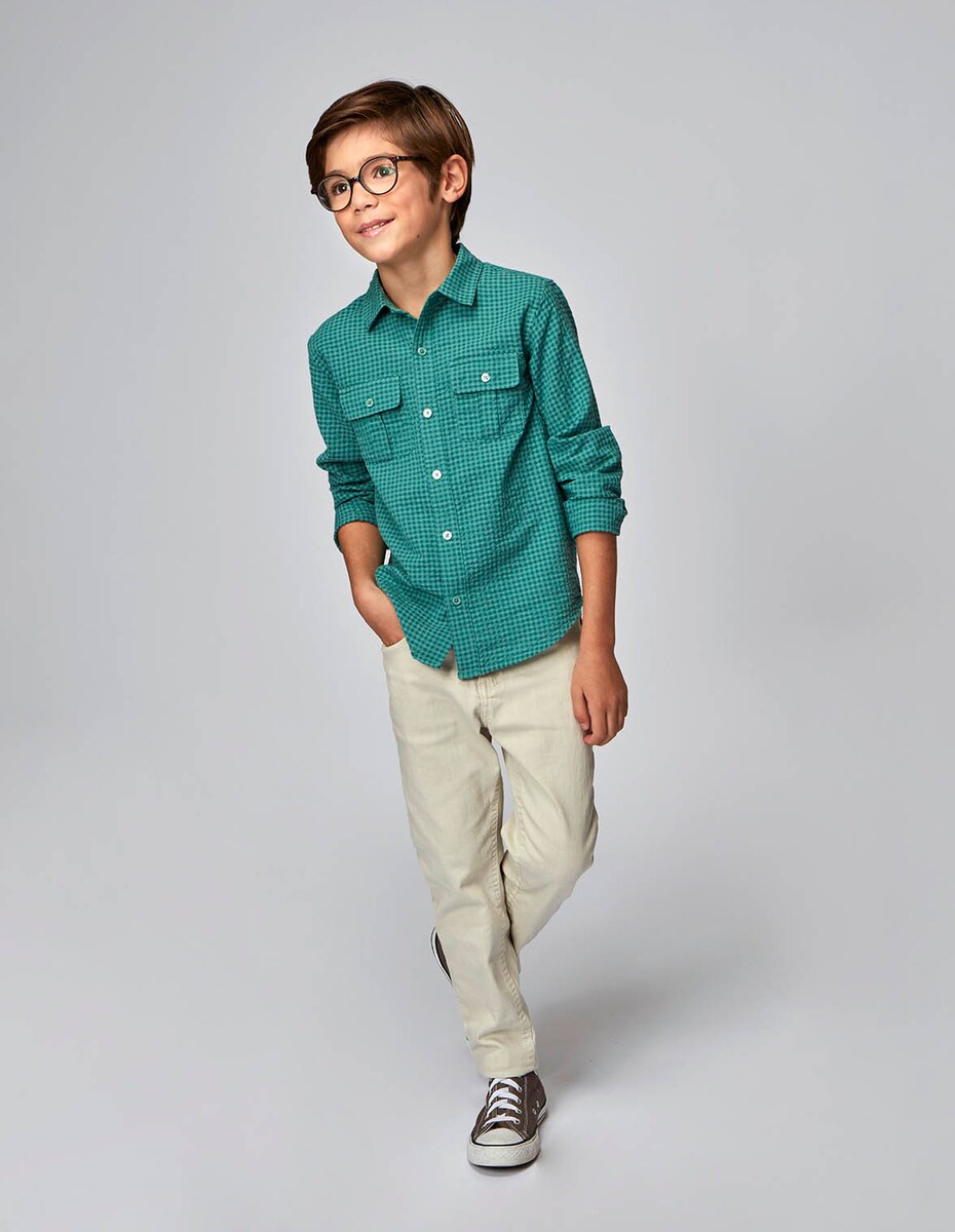 Camisa Infantil aos Quadrados Vichy com Bolsos no Peito Verde-escuro-2