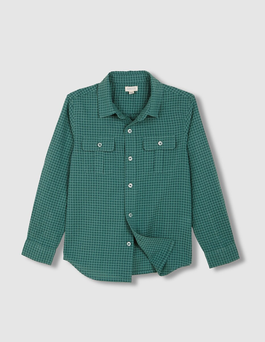 Camisa Infantil aos Quadrados Vichy com Bolsos no Peito Verde-escuro-3