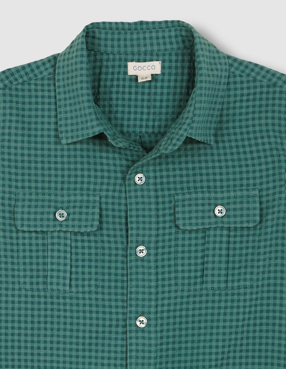 Camisa Infantil aos Quadrados Vichy com Bolsos no Peito Verde-escuro-5