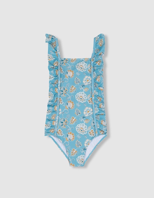 Imagem 0 de Fato de Banho Infantil Estampado com Folhos e Decote Quadrado