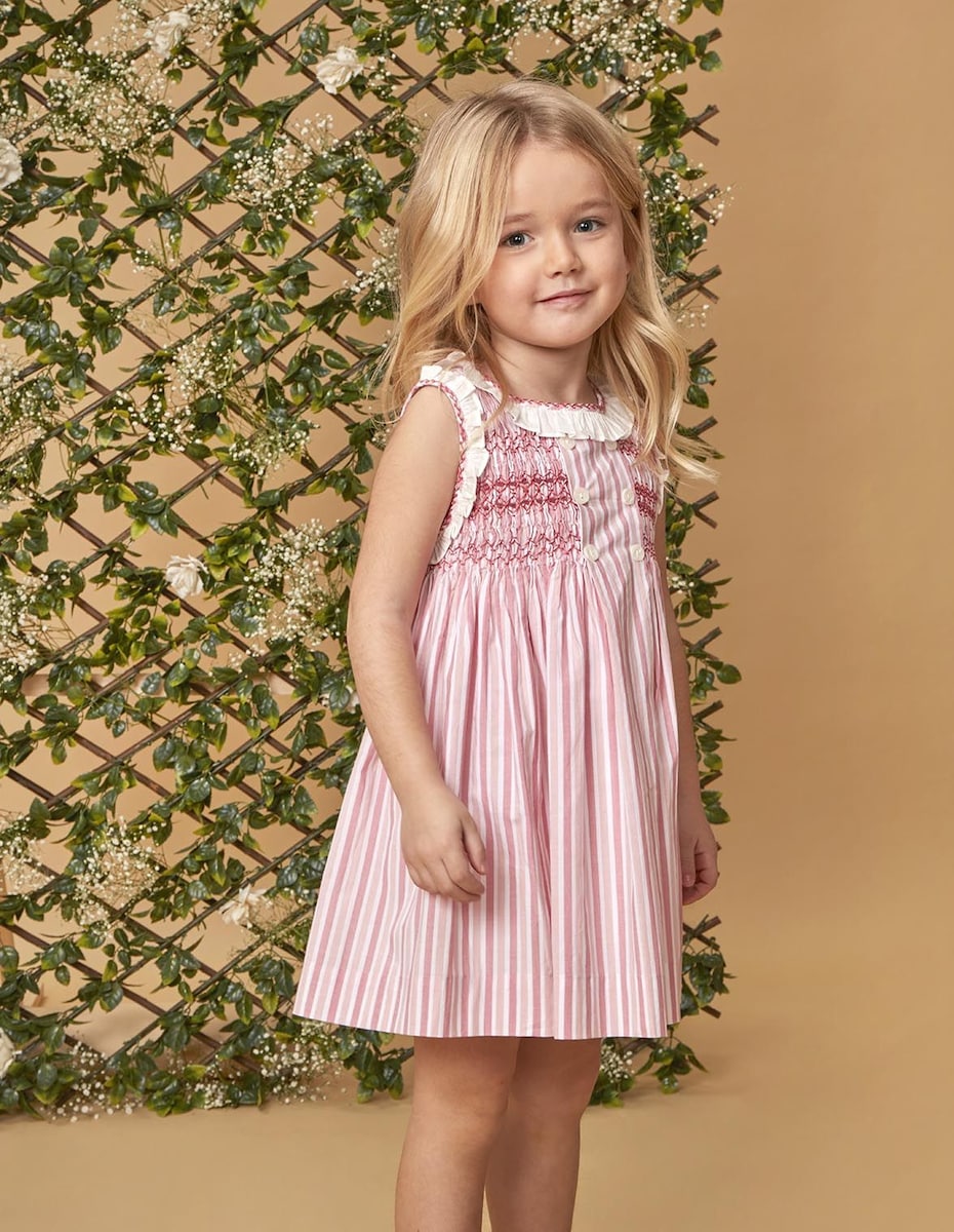 Vestido Listrado com Ninho de Abelha Coral-2