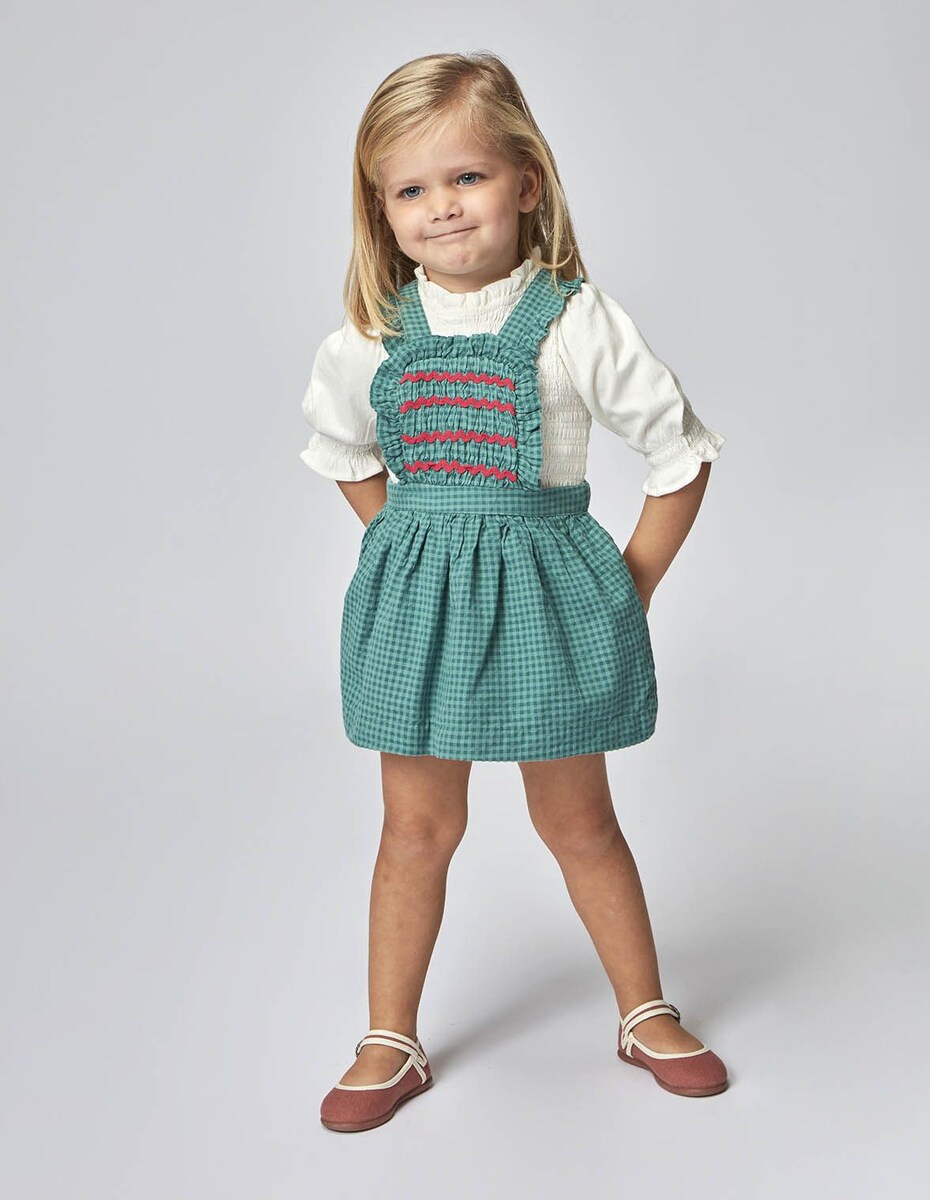Vestido Curto para Bebé com Estampado Vichy e Alças com Smock Verde-escuro-1
