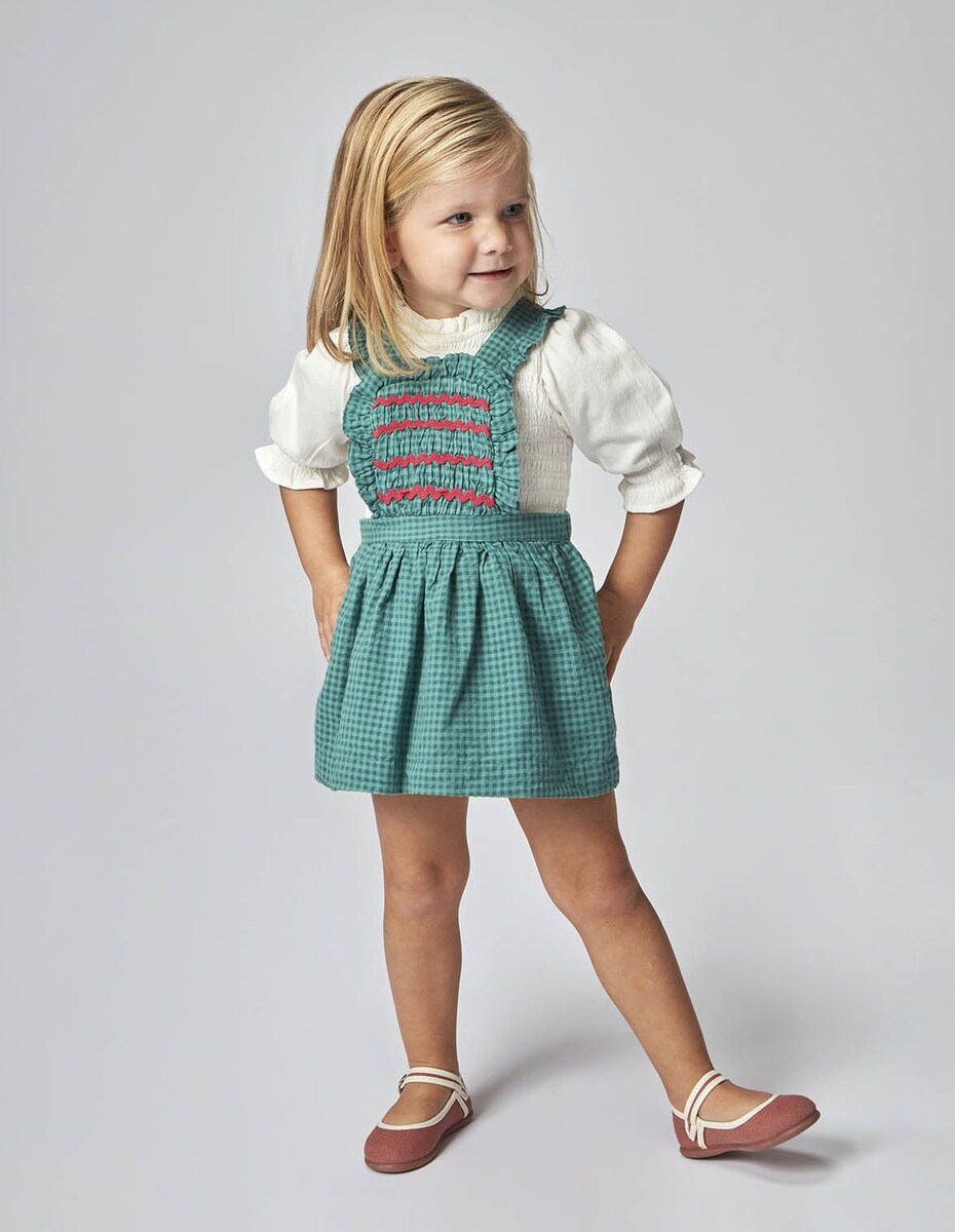 Vestido Curto para Bebé com Estampado Vichy e Alças com Smock Verde-escuro-2