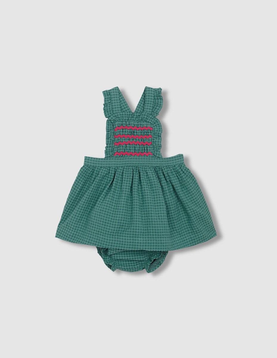 Vestido Curto para Bebé com Estampado Vichy e Alças com Smock Verde-escuro-3