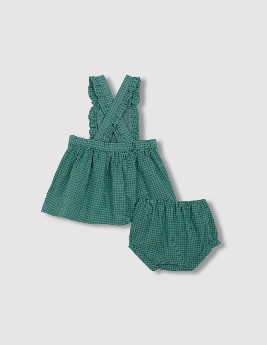 Vestido Curto para Bebé com Estampado Vichy e Alças com Smock Verde-escuro-4