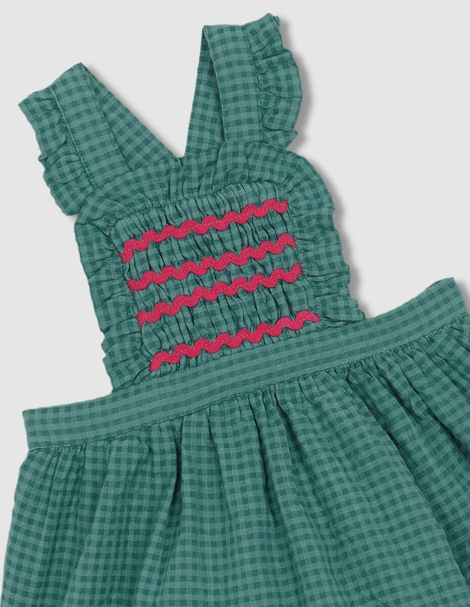 Vestido Curto para Bebé com Estampado Vichy e Alças com Smock Verde-escuro-5