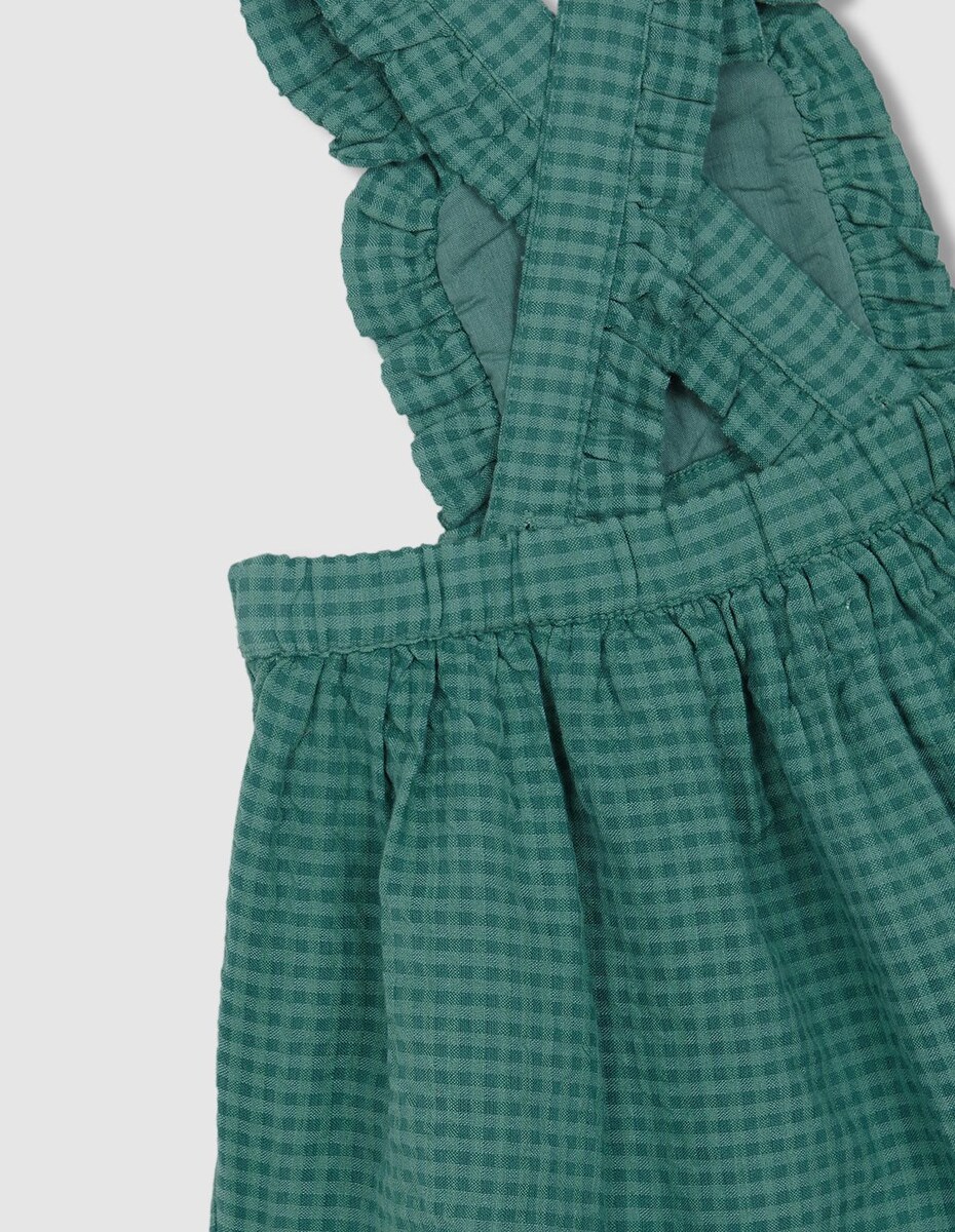 Vestido Curto para Bebé com Estampado Vichy e Alças com Smock Verde-escuro-6