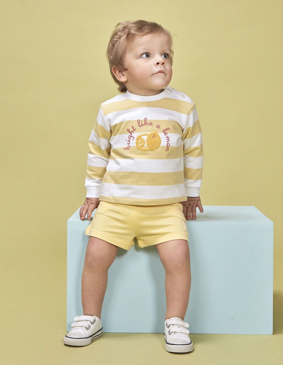 Sweat para Bebé às Riscas com Print Frontal Branco-3
