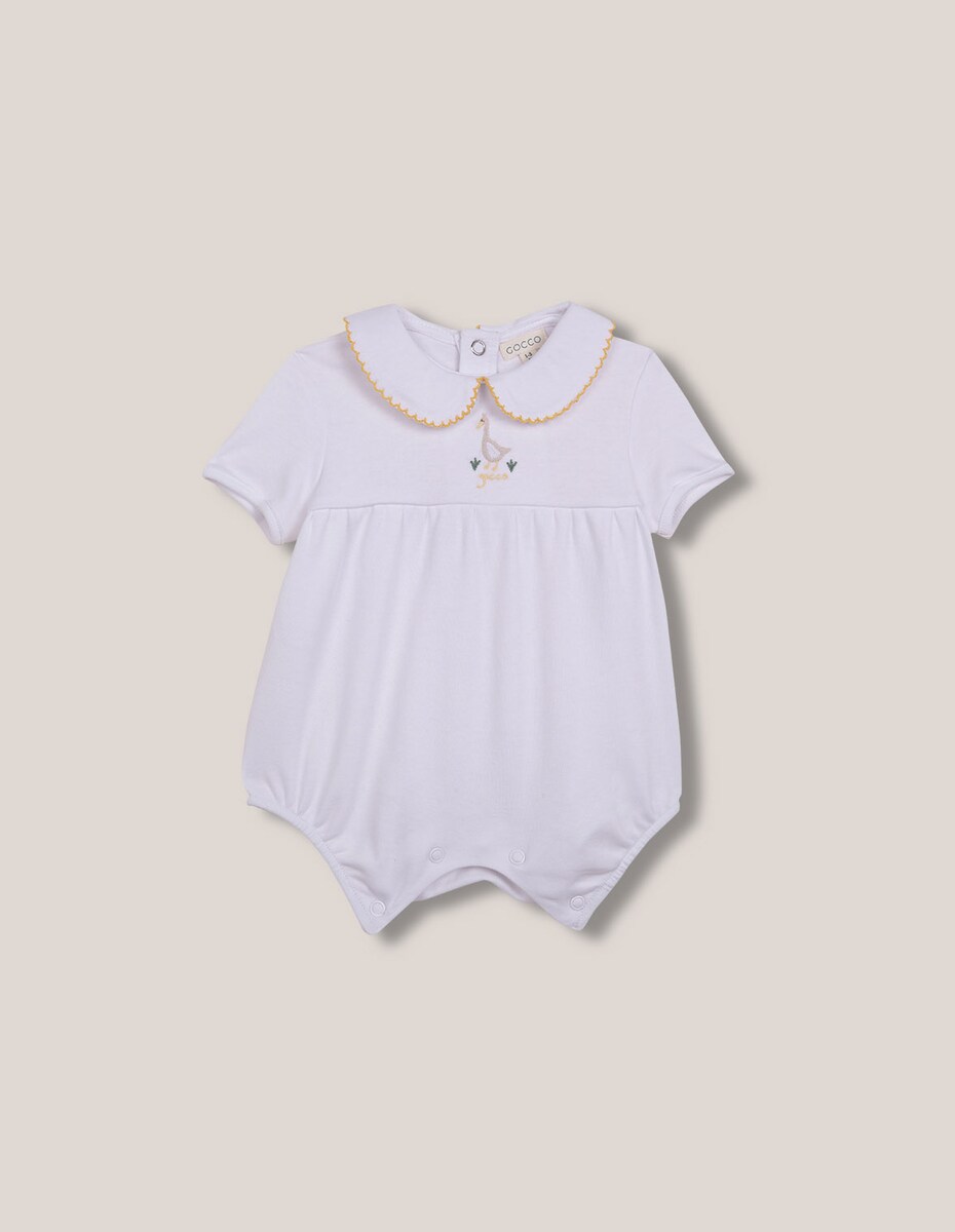 Pijama Macacão de Bebé Curto com Bordado de Pato Branco-1