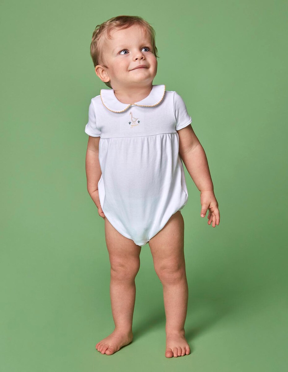 Pijama Macacão de Bebé Curto com Bordado de Pato Branco-5
