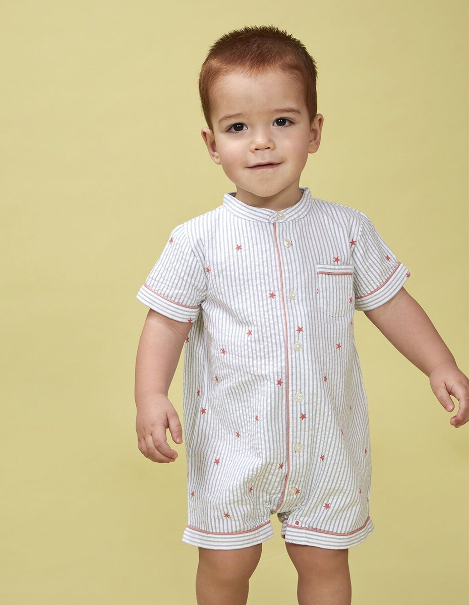 Pijama Macacão com Riscas e Estrelinhas Branco-1