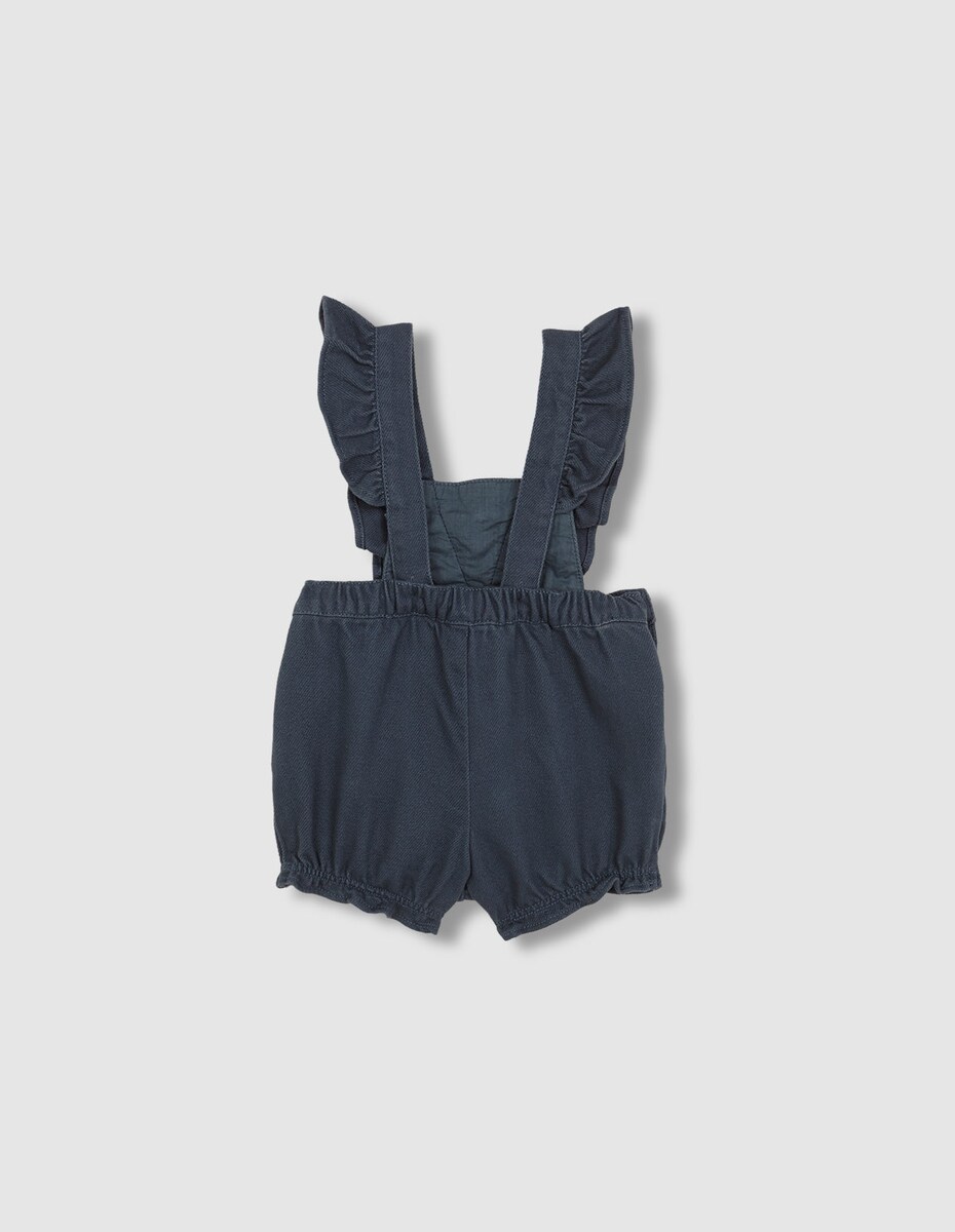 Jardineira para Bebé Curta Às Riscas com Folhos Azul-claro-2