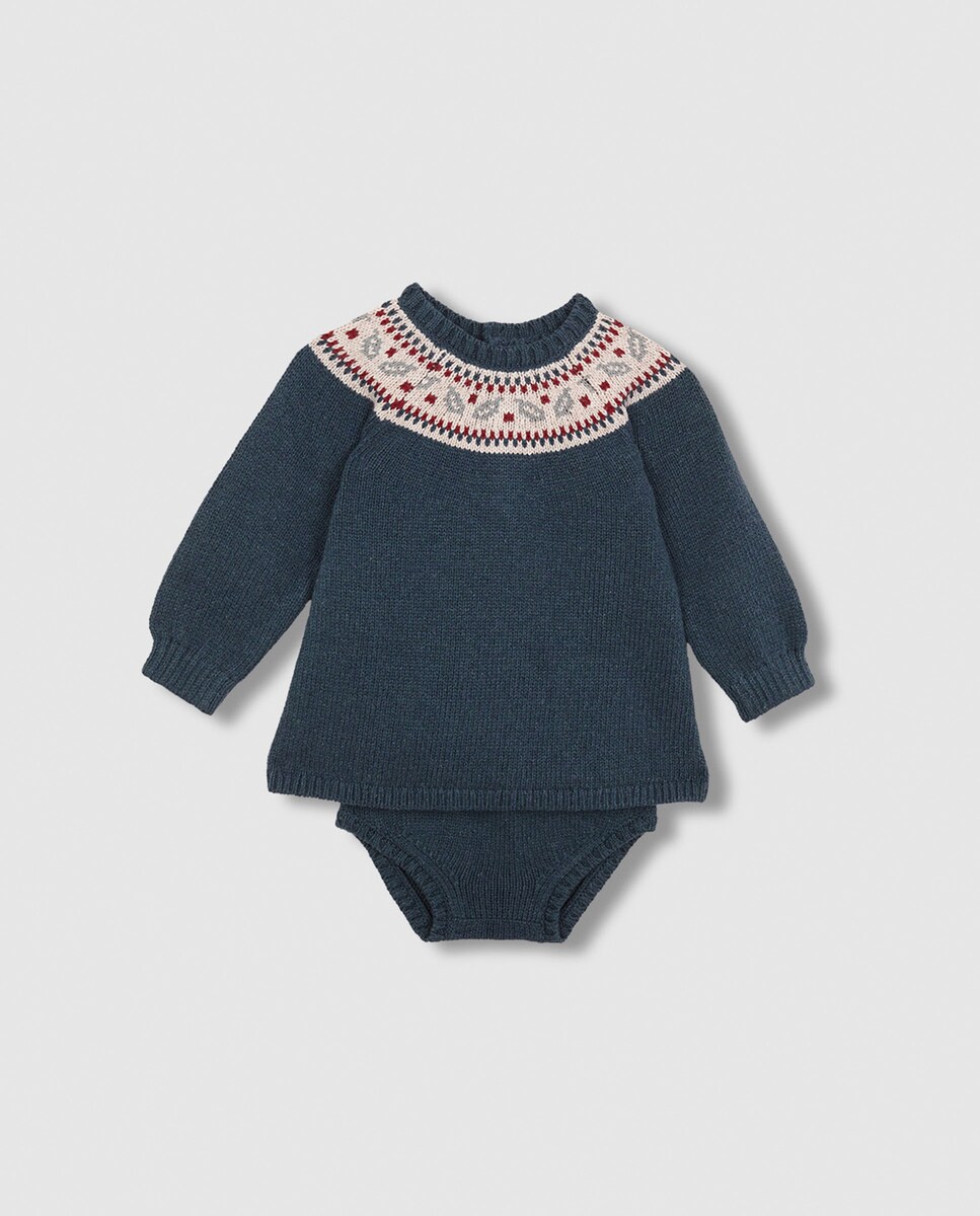 Vestido para Bebé de Malha com Greca de Natal Verde-escuro-1