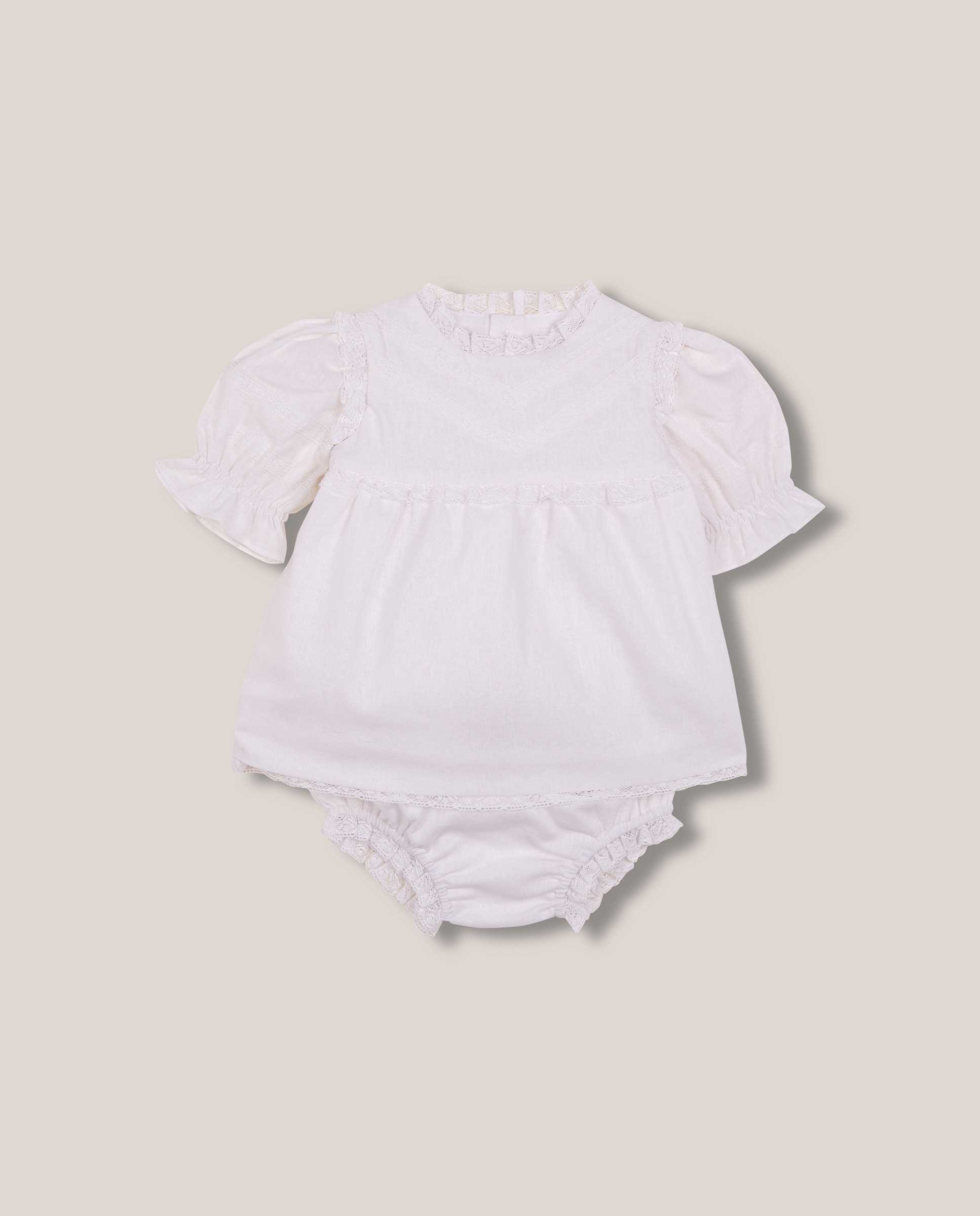 Imagem 0 de Vestido para Bebé de Linho com Renda e Manga Abalonada