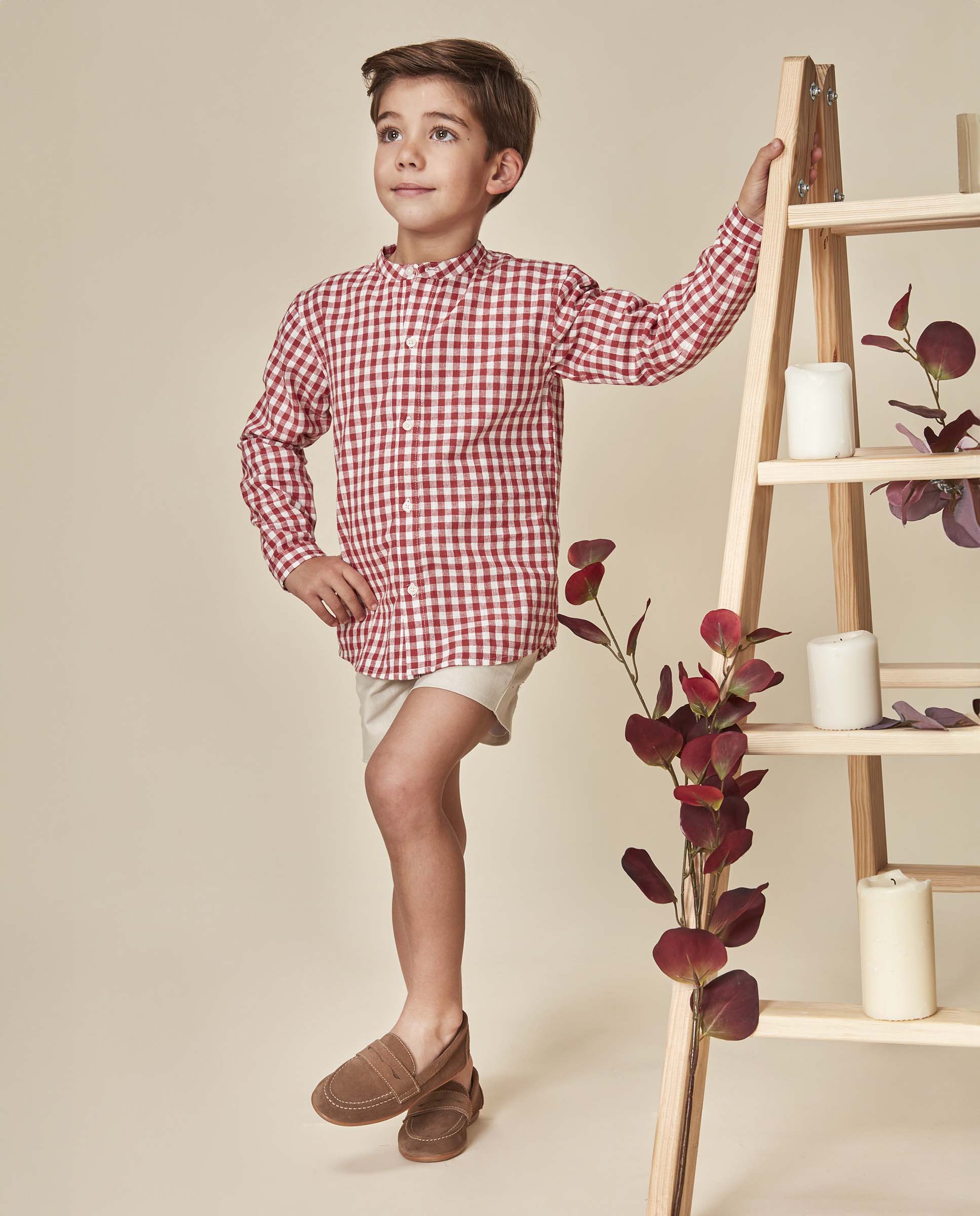Camisa Infantil Mao Aos Quadrados de Linho Gocco Rosa-2