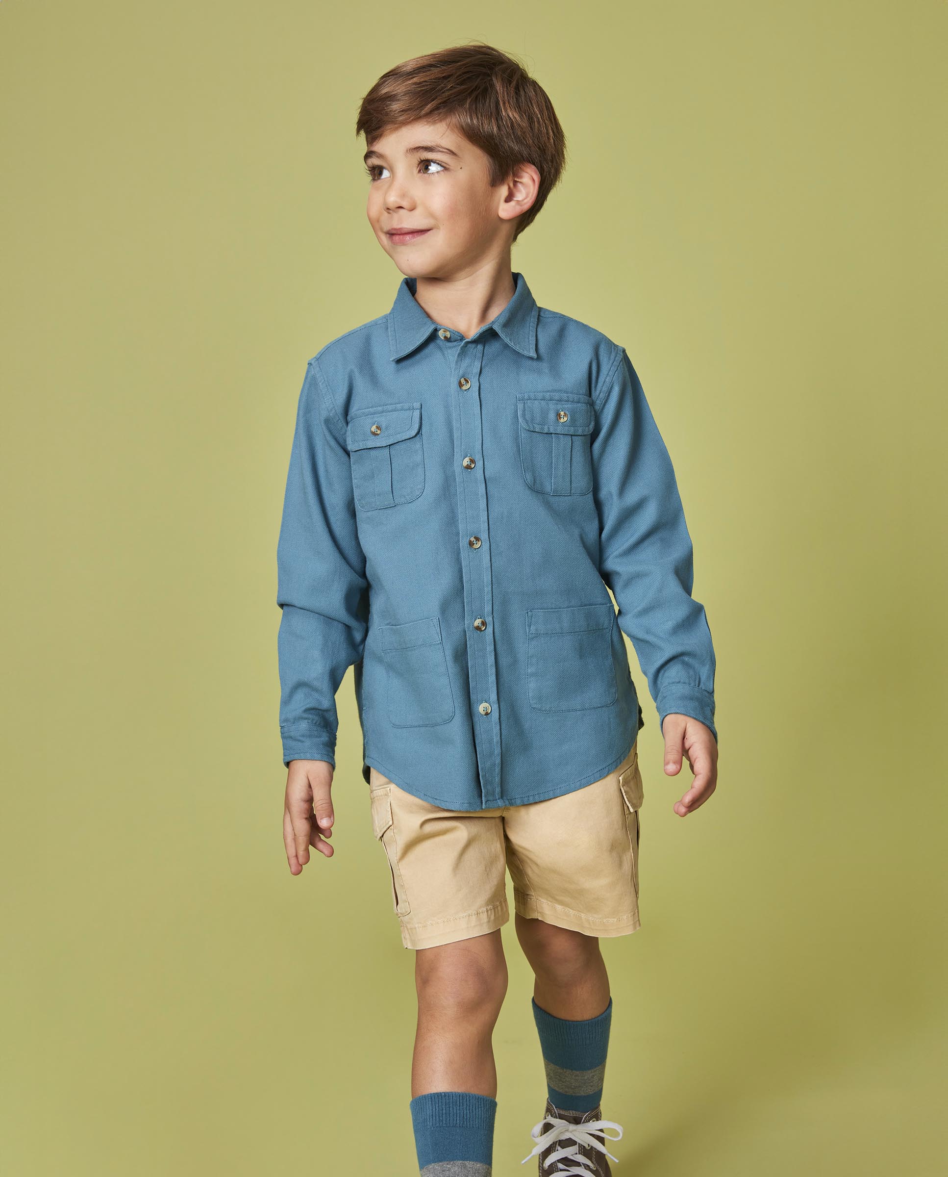 Camisa Infantil de Quatro Bolsos Azul-5