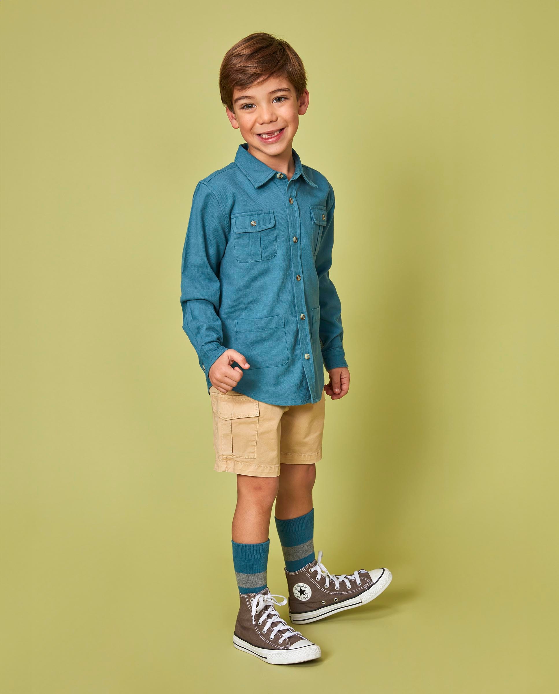 Camisa Infantil de Quatro Bolsos Azul-6