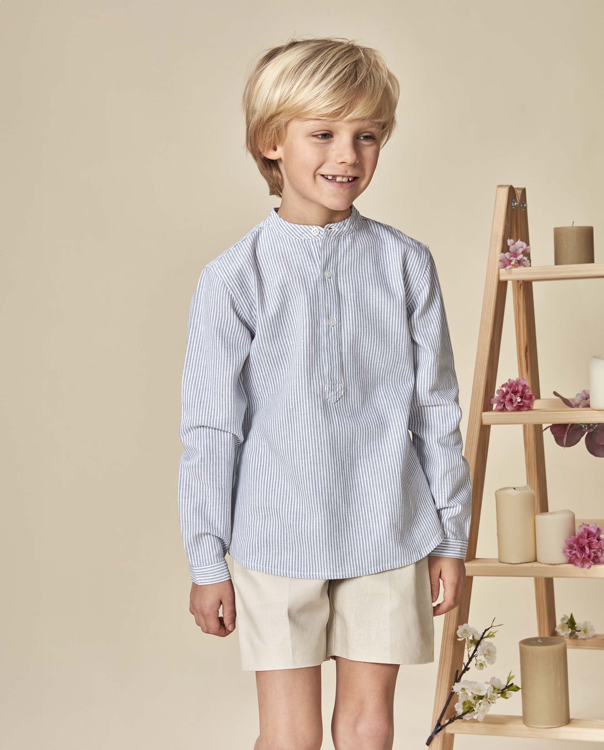 Camisa Infantil Às Riscas com Linho Cinzento-2